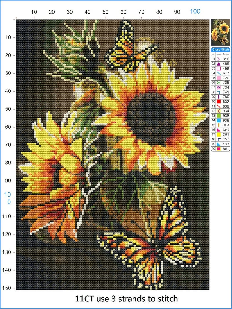Paintcolor طقم تطريز كروس ستش بطبعة عباد الشمس - أطقم كروس ستش مخصصة للمبتدئين والبالغين بتصاميم فراشات وأبعاد فنية وحرفية (11CT بدون إطار) - Image 2